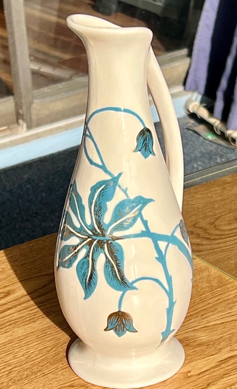Vintage jug vase or pitcher hand painted blue with gold accents Signed Shelley